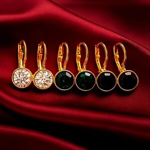 Women's Set of 3 Gold-Tone Leverback Minicci Earrings in Black, Green & Clear